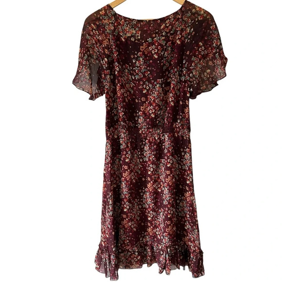 Sundance Dress Midi 100% Silk Floral Burgundy Tulip‎ Sleeve Romantic Boho Size S - Picture 2 of 9